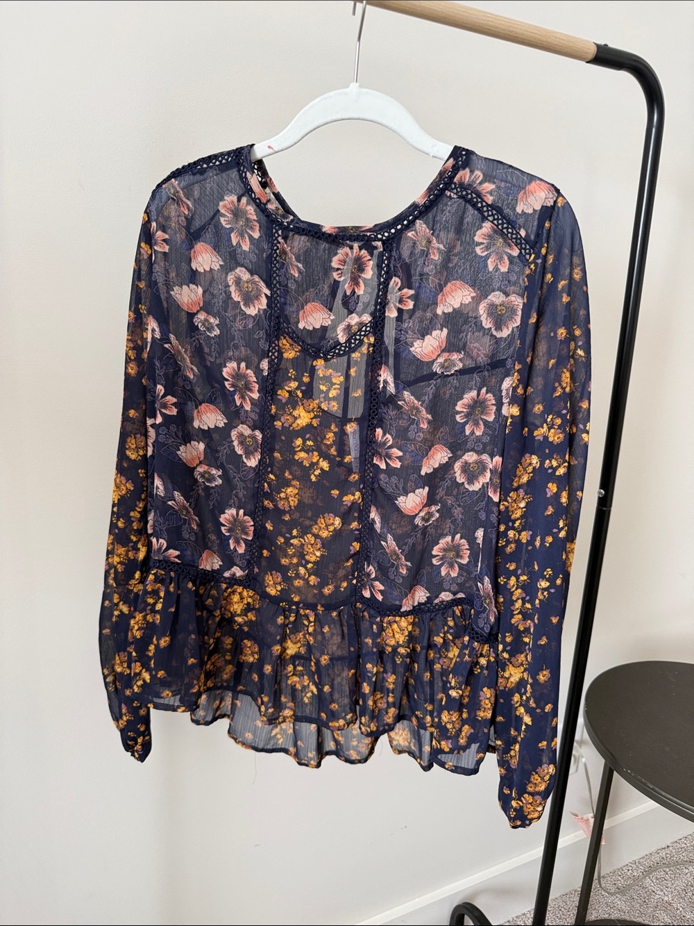 Xhilaration Navy Sheer Floral Peplum Blouse with Pink & Mustard Flowers